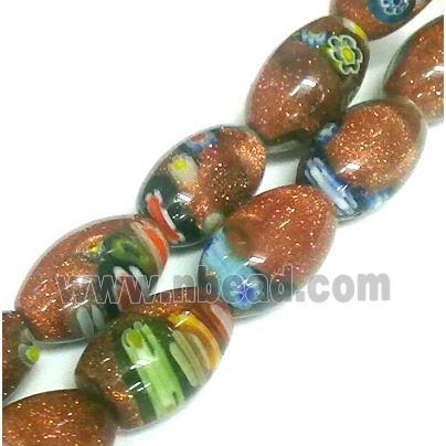 Millefiori glass bead with goldsand, barrel, mixed