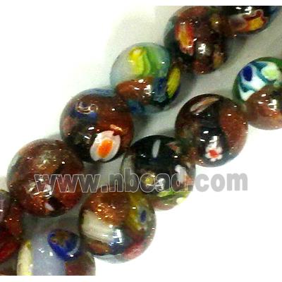 Millefiori glass bead with goldsand, mixed, round