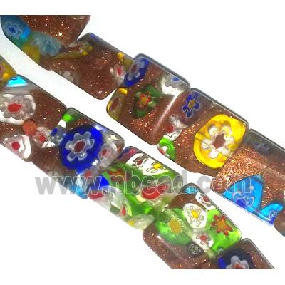 Millefiori glass bead with goldsand, mixed, square