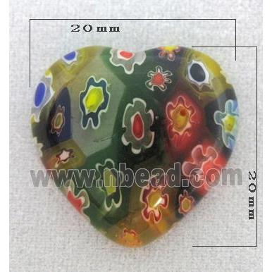 Cabochon, Millefiori glass beads, multi-flower, heart, flat-back