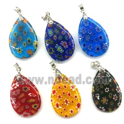 millefiori glass pendant, teardrop, multi-flower, mixed