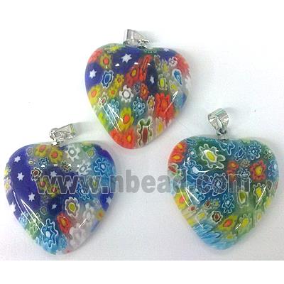 Millefiori glass pendant, heart, multi-flower, mixed