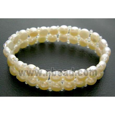 Elastic White Freshwater Pearl Bracelet , Two Row