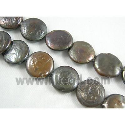 freshwater pearl beads, flat-round, coffee-grey