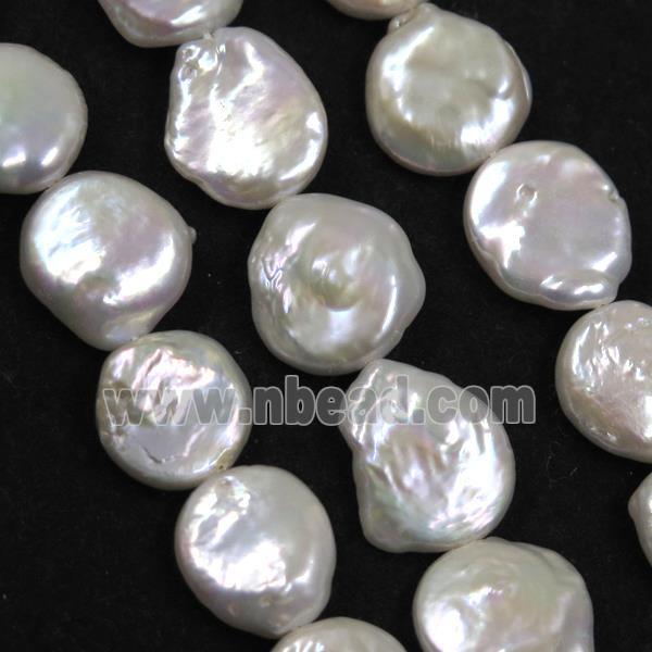 Ffreshwater pearl button beads, natural color, coin round, white