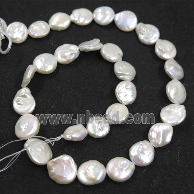 Ffreshwater pearl button beads, natural color, coin round, white