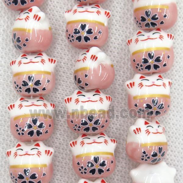pink Oriental Porcelain beads, fortune cat