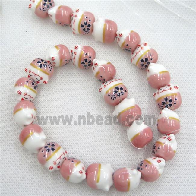 pink Oriental Porcelain beads, fortune cat