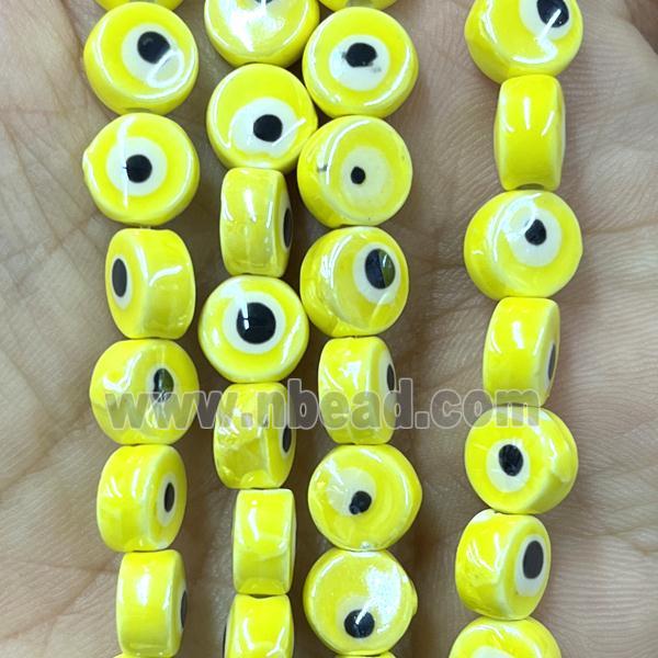 yellow Porcelain button beads, evil eye, electroplated