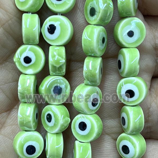 green Porcelain button beads, evil eye, electroplated