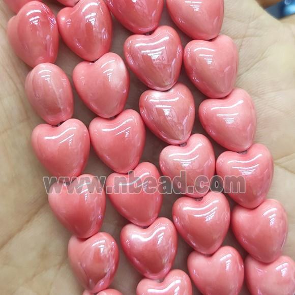 pink Porcelain heart beads, electroplated
