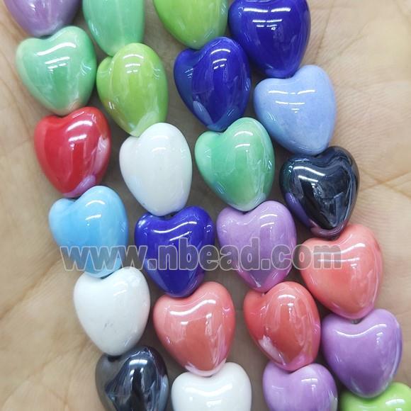 Porcelain heart beads, mixed color, electroplated