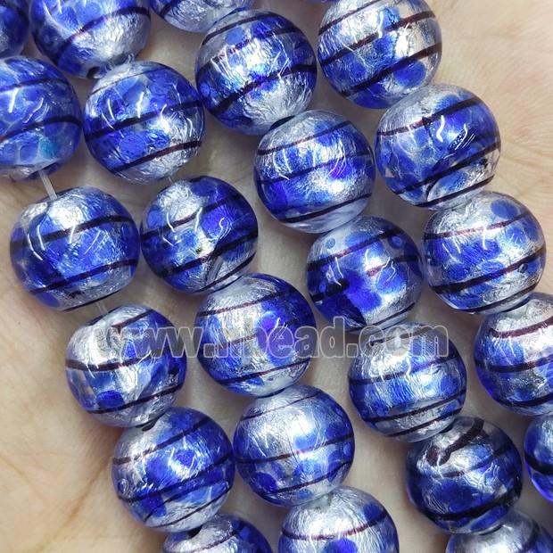 Larmwork Glass Beads With Silver Foil Round Line Blue