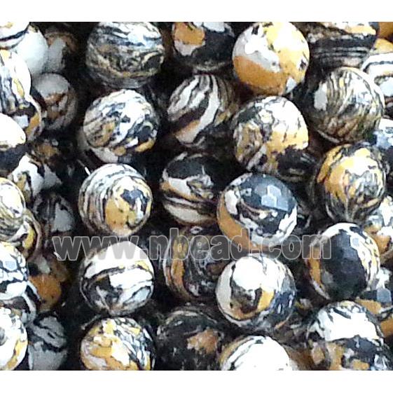resin & stone beads, faceted round, stripe, yellow and black
