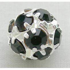 black Middle East Rhinestone Beads, round, silver plated