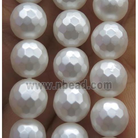 white matte pearlized shell beads, faceted round