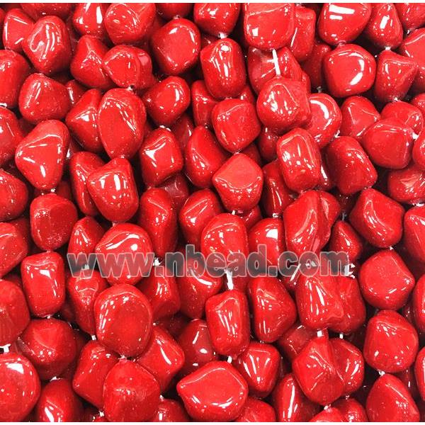 red pearlized shell beads, freeform