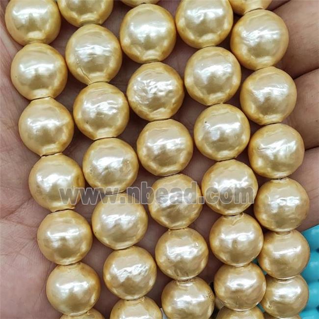 Baroque Style Pearlized Shell Beads Round Golden Hammered