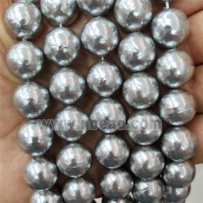 Baroque Style Pearlized Shell Beads Round Silver Gray Hammered
