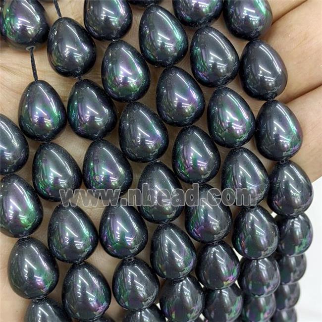 Pearlized Shell Teardrop Beads Black Dye Rainbow Electroplated