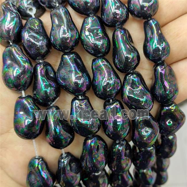Baroque Style Pearlized Shell Beads Freeform Black Dye Rainbow Electroplated