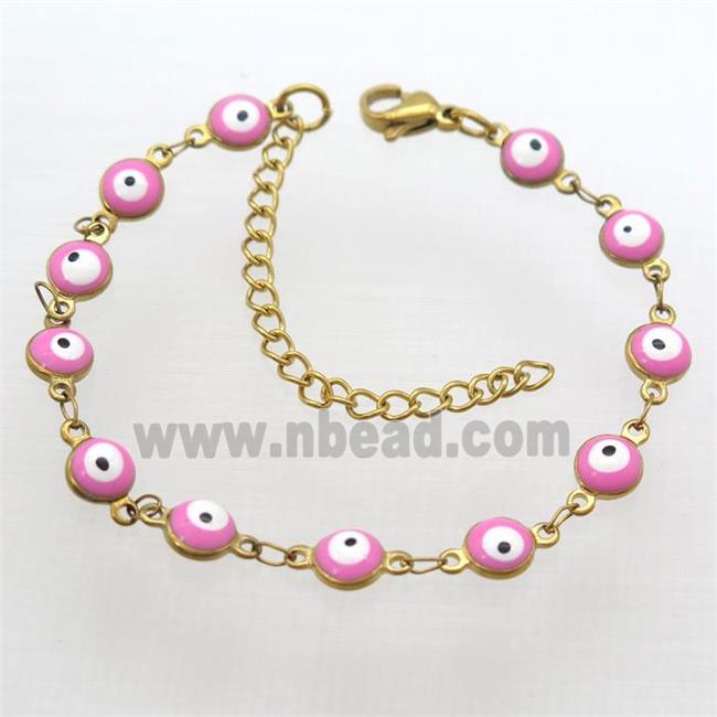 stainless steel bracelet with pink evil eye, resizable, gold plated