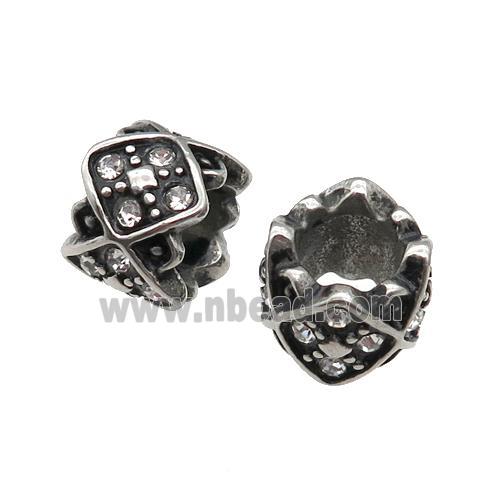 Stainless Steel tube Beads pave rhinestone, large hole, antique silver