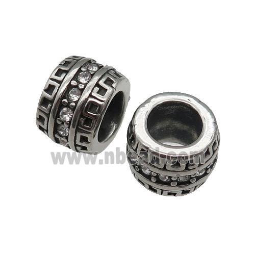 Stainless Steel European Beads Tube Micro Pave Rhinestone, large hole, antique silver