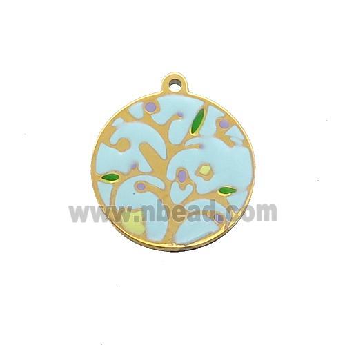 Stainless Steel Circle Pendant Tree Of Life Multicolor Enamel Gold Plated