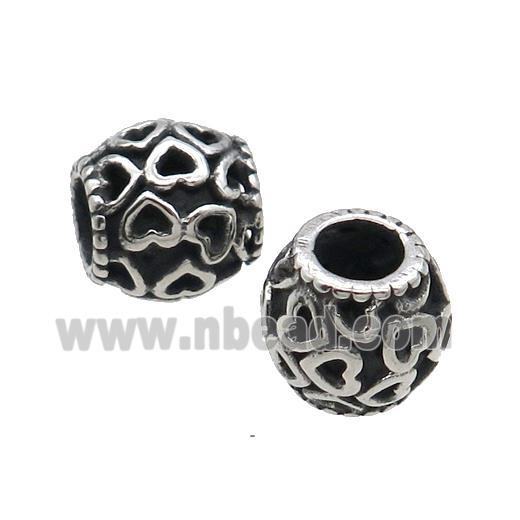 Stainless Steel Barrel Beads Large Hole Heart Antique Silver