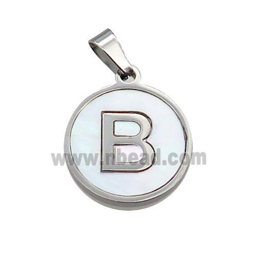 Raw Stainless Steel Pendant Pave White Shell Letter-B