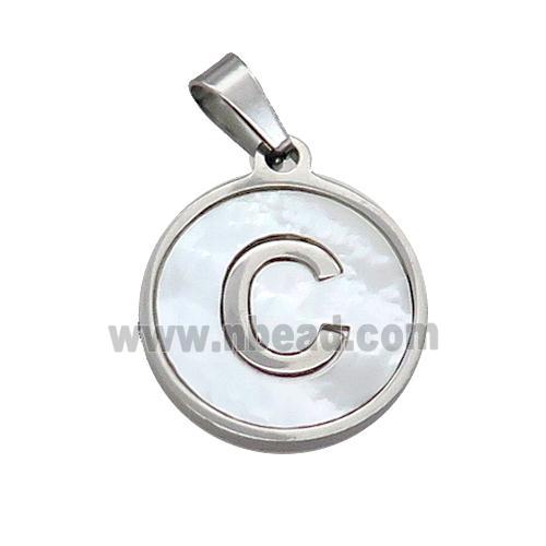 Raw Stainless Steel Pendant Pave White Shell Letter-C
