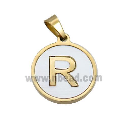 Stainless Steel Pendant Pave White Shell Letter-R Gold Plated