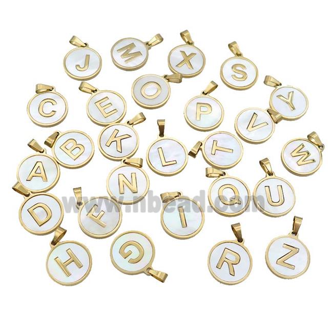 Stainless Steel Letter Pendant Pave White Shell Mix Alphabet Gold Plated