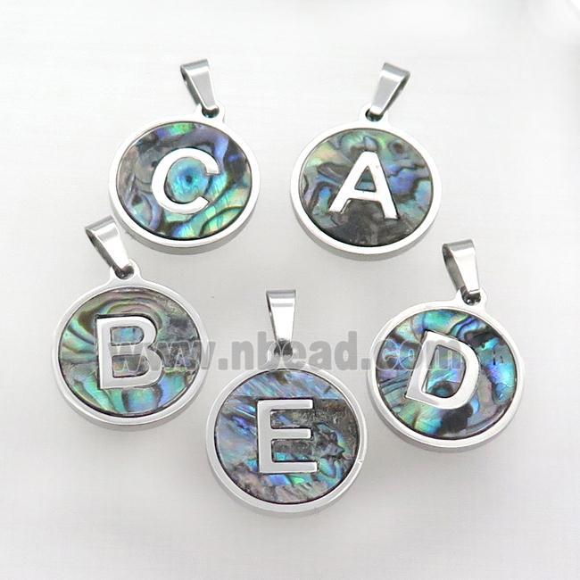 Raw Stainless Steel Letter Pendant Pave Abalone Shell Mix Alphabet