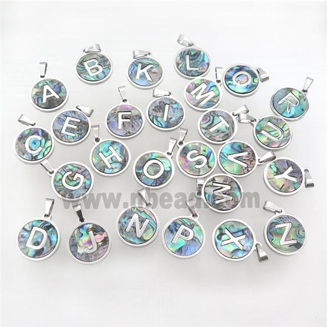Raw Stainless Steel Letter Pendant Pave Abalone Shell Mix Alphabet
