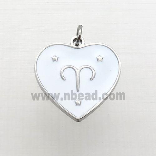 Raw Stainless Steel Heart Pendant White Enamel Zodiac Aries