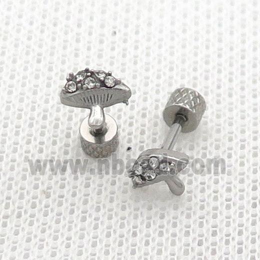 Raw Stainless Steel Stud Earrings Pave Rhinestone Mushroom