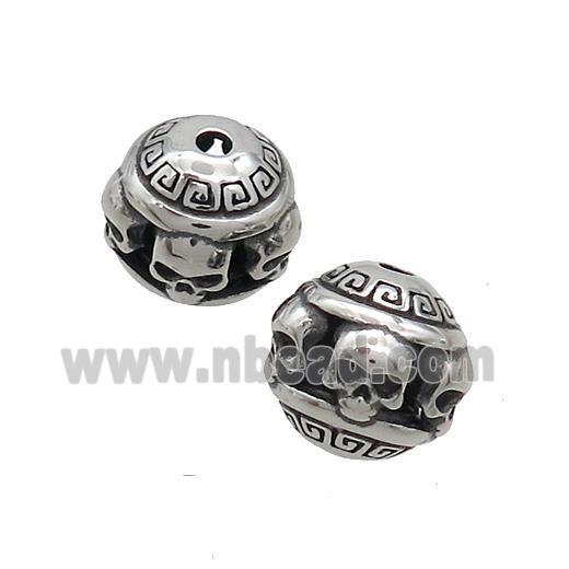 Stainless Steel Round Beads Hollow Skull Antique Silver