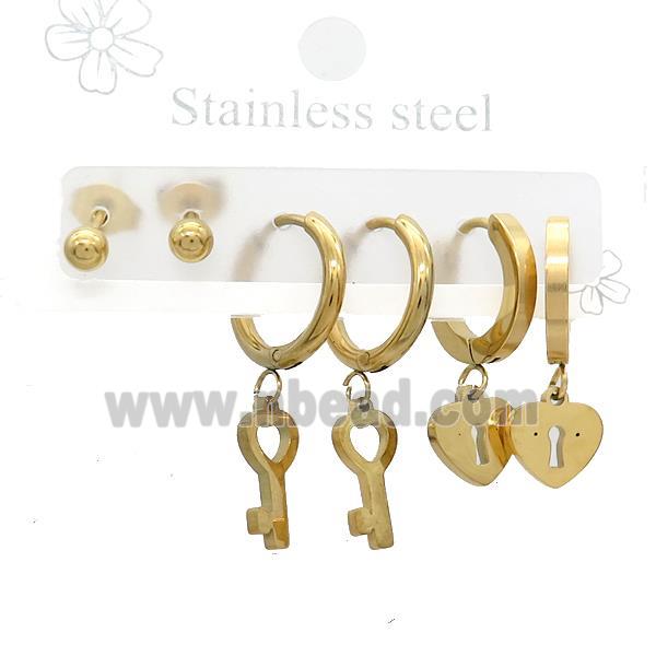 Stainless Steel Earrings Lock Key Gold Plated