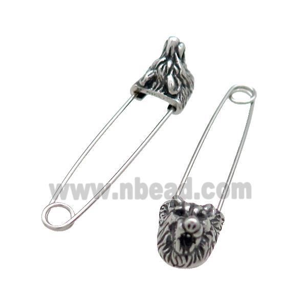 Stainless Steel Safety Pins Lion Antique Silver
