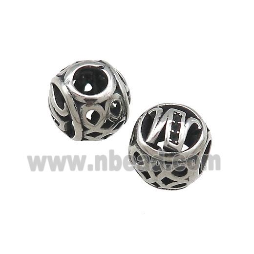 Titanium Steel Round Beads Letter-W Large Hole Hollow Antique Silver