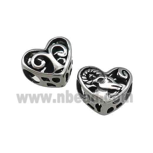 Titanium Steel Heart Beads Zodiac Aries Large Hole Hollow Antique Silver