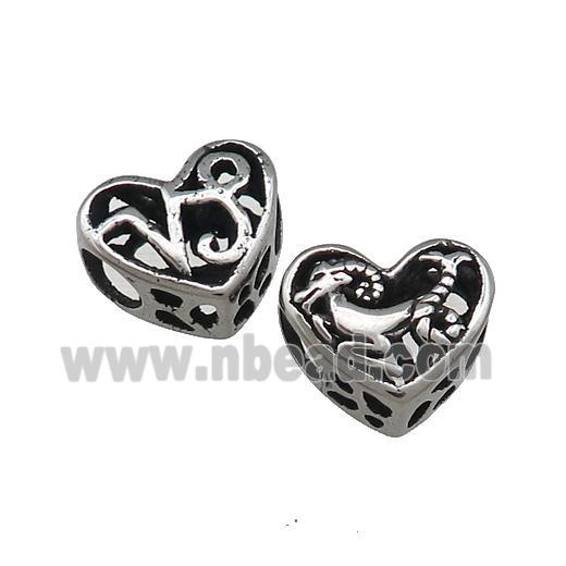 Titanium Steel Heart Beads Zodiac Capricorn Large Hole Hollow Antique Silver