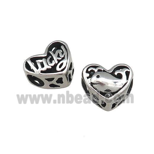 Titanium Steel Heart Beads Lucky Dolphin Large Hole Hollow Antique Silver