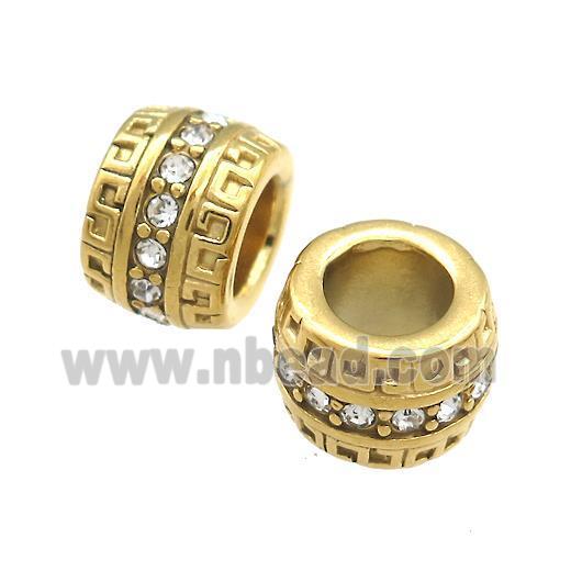 Stainless Steel Barrel Beads Pave Rhinestone Large Hole Gold Plated