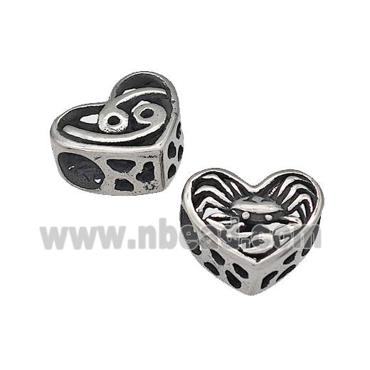 316 Stainless Steel Heart Beads Zodiac Cancer Large Hole Hollow Antique Silver