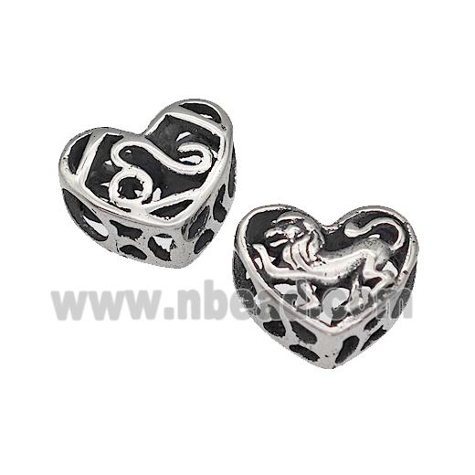 316 Stainless Steel Heart Beads Zodiac Leo Large Hole Hollow Antique Silver