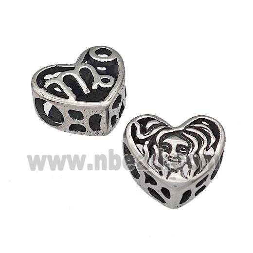 316 Stainless Steel Heart Beads Zodiac Virgo Large Hole Hollow Antique Silver
