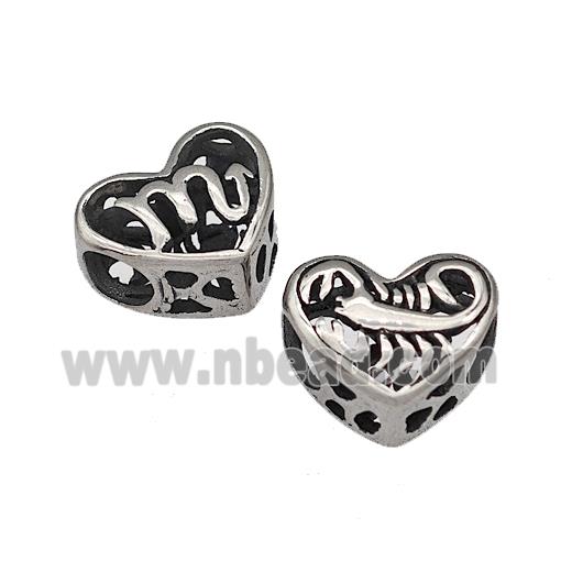 316 Stainless Steel Heart Beads Zodiac Scorpio Large Hole Hollow Antique Silver